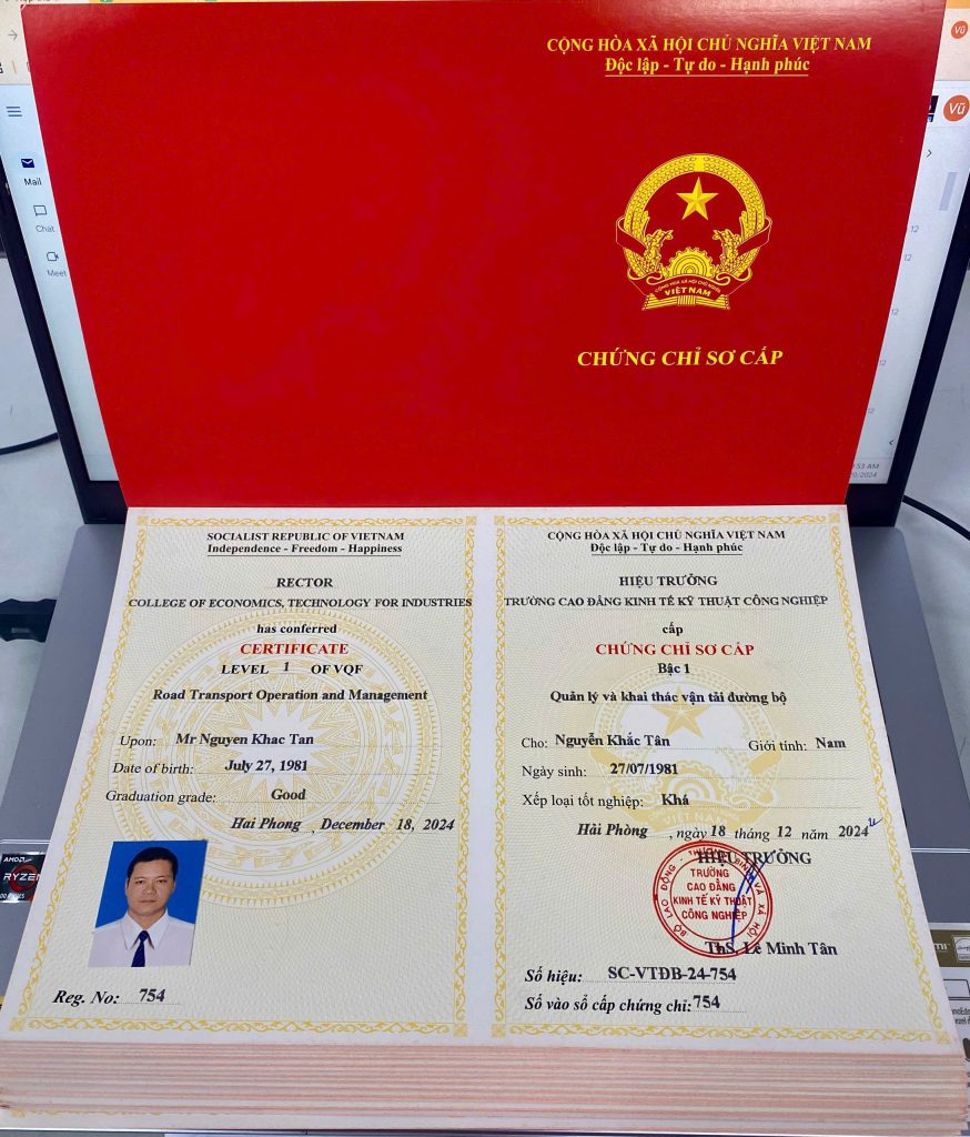 Mẫu Chứng Chỉ Sơ Cấp Điều Hành Vận Tải Đường Bộ