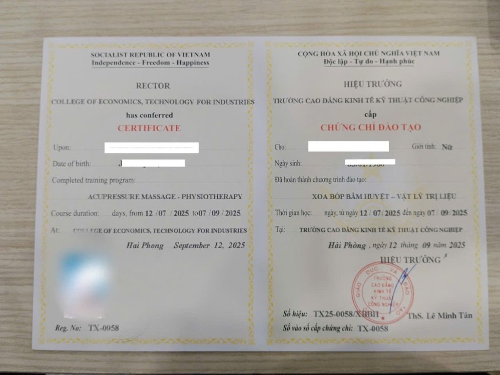chứng chỉ đào tạo xoa bóp bấm huyệt